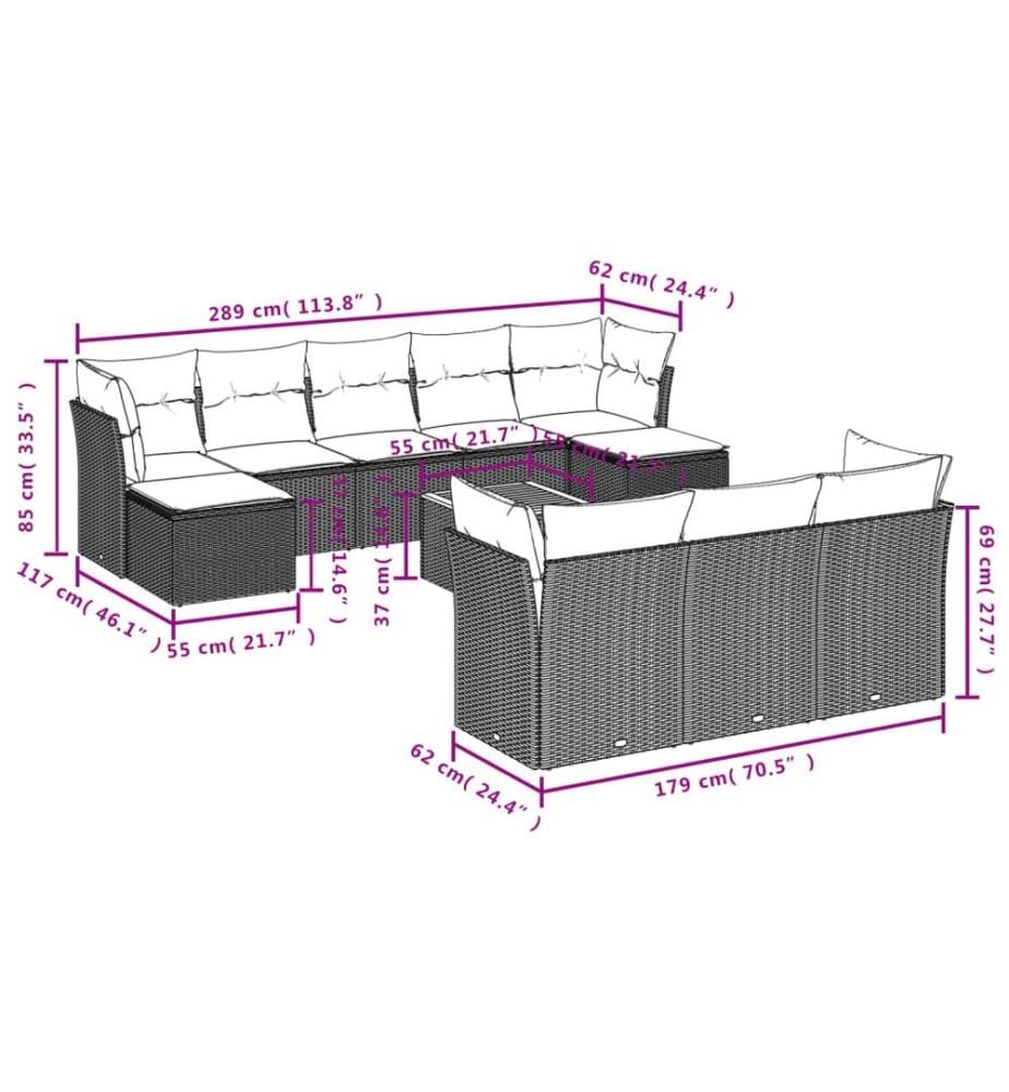 11-tlg. Garten-Sofagarnitur mit Kissen Schwarz Poly Rattan