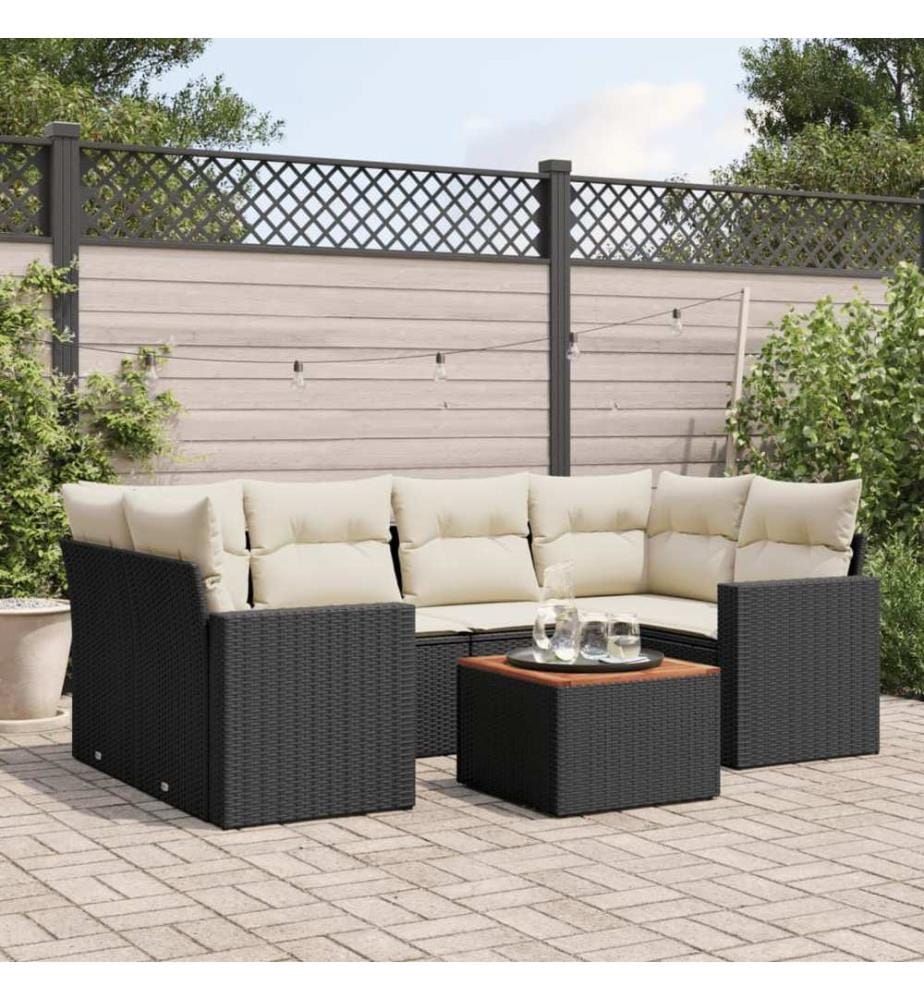 7-tlg. Garten-Sofagarnitur mit Kissen Schwarz Poly Rattan
