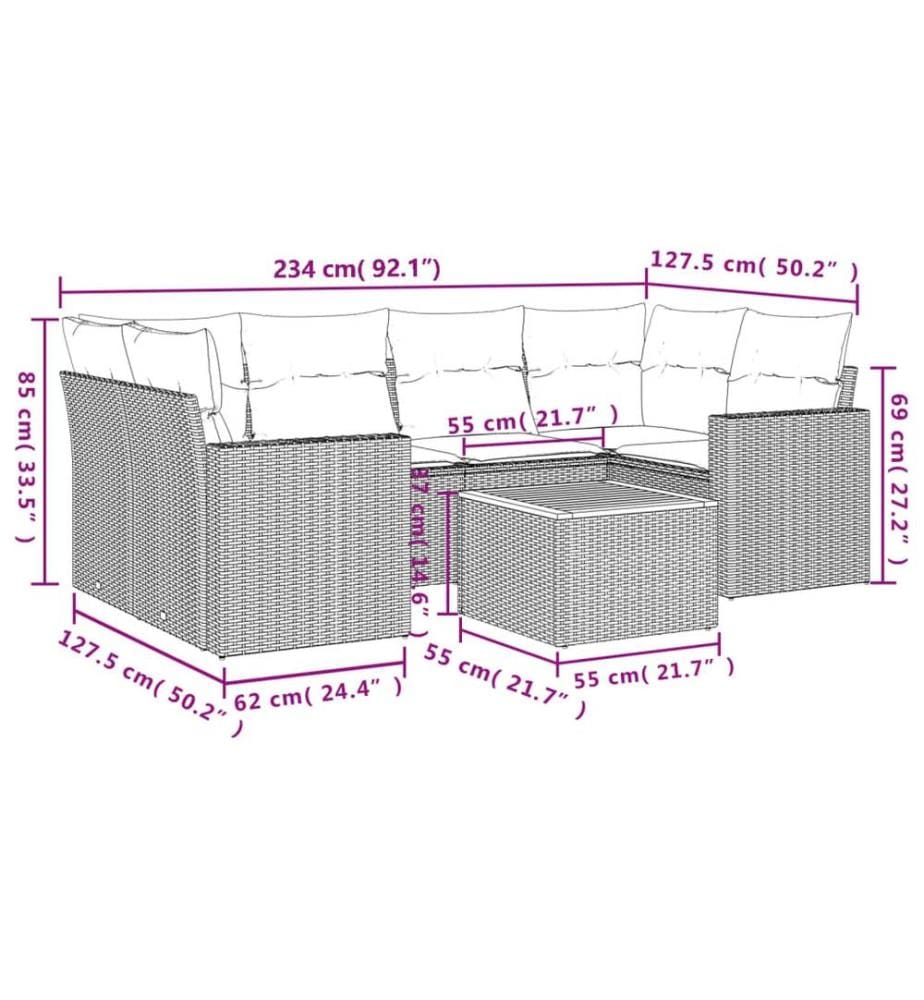 7-tlg. Garten-Sofagarnitur mit Kissen Schwarz Poly Rattan