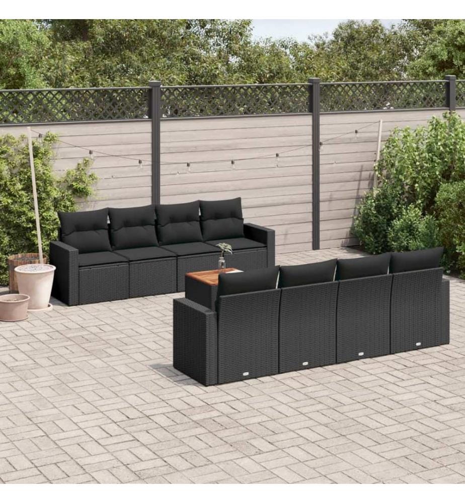 9-tlg. Garten-Sofagarnitur mit Kissen Schwarz Poly Rattan