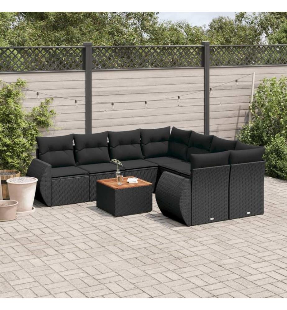 9-tlg. Garten-Sofagarnitur mit Kissen Schwarz Poly Rattan