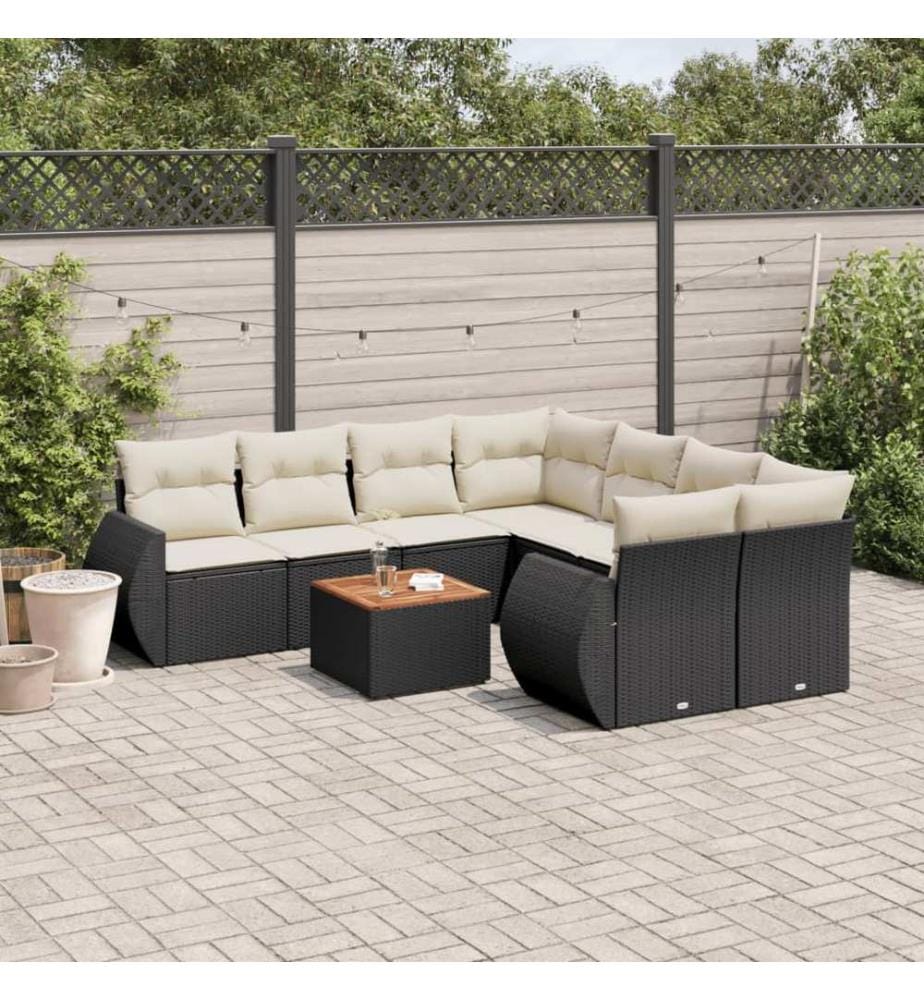 9-tlg. Garten-Sofagarnitur mit Kissen Schwarz Poly Rattan