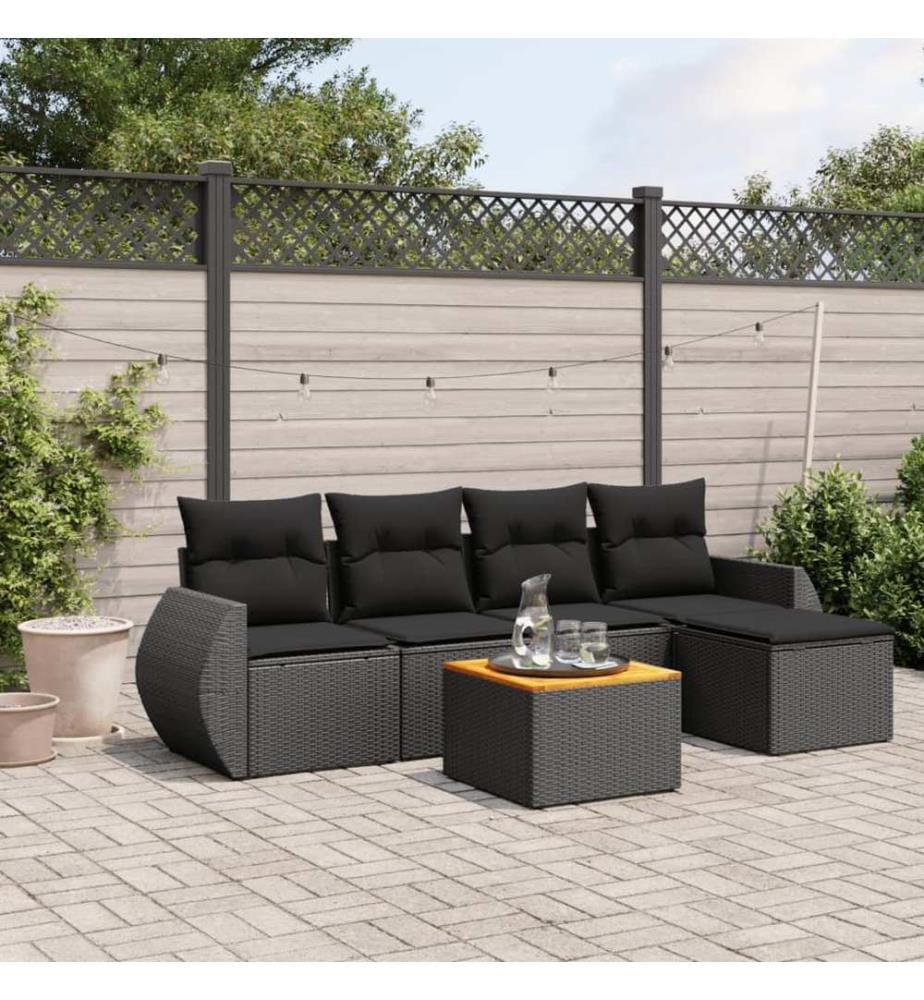 6-tlg. Garten-Sofagarnitur mit Kissen Schwarz Poly Rattan