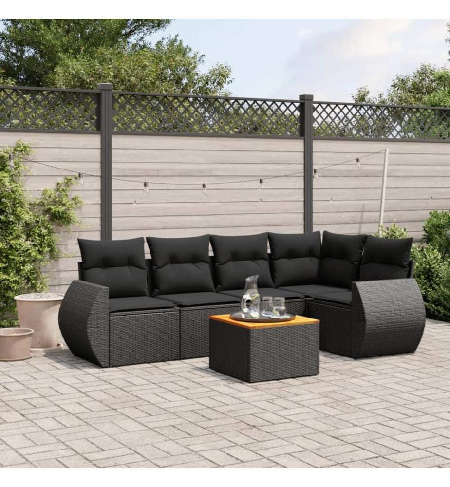 6-tlg. Garten-Sofagarnitur mit Kissen Schwarz Poly Rattan