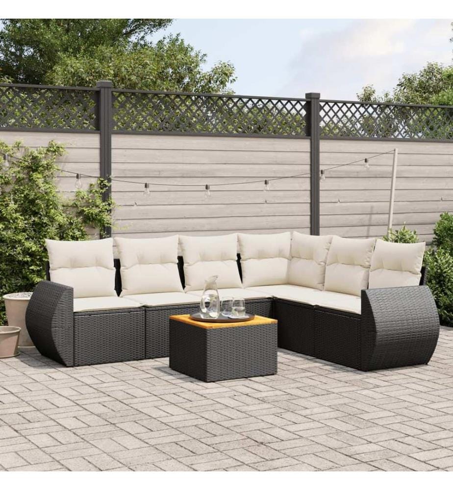 7-tlg. Garten-Sofagarnitur mit Kissen Schwarz Poly Rattan