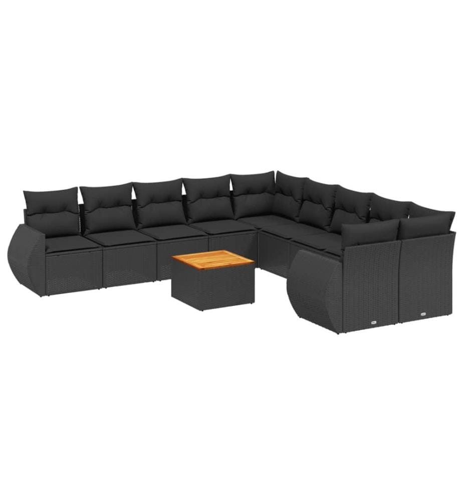 11-tlg. Garten-Sofagarnitur mit Kissen Schwarz Poly Rattan