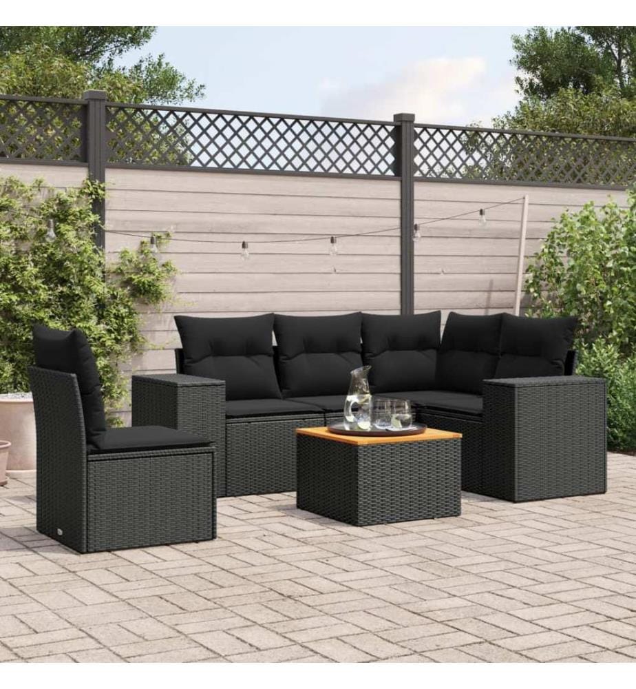 6-tlg. Garten-Sofagarnitur mit Kissen Schwarz Poly Rattan