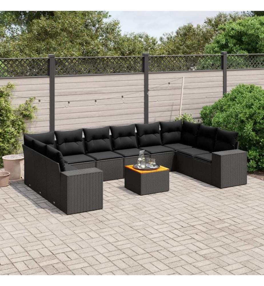 11-tlg. Garten-Sofagarnitur mit Kissen Schwarz Poly Rattan