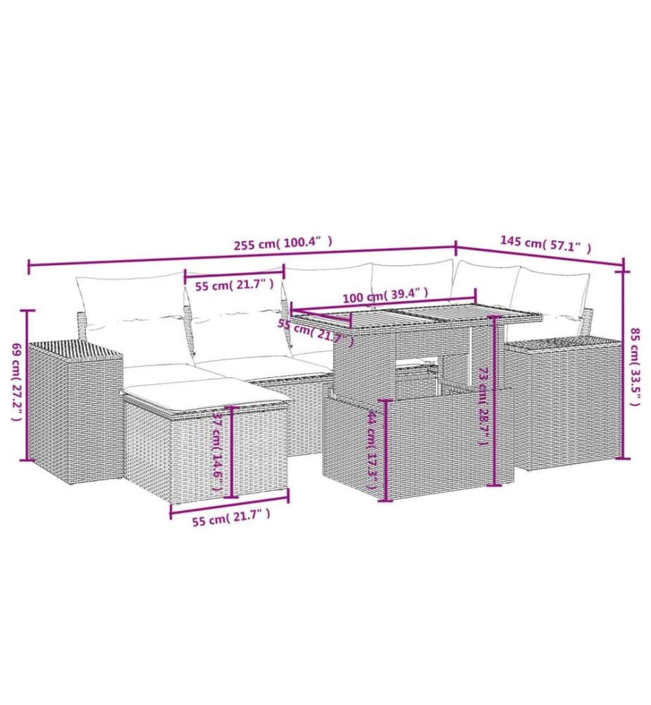 7-tlg. Garten-Sofagarnitur mit Kissen Schwarz Poly Rattan