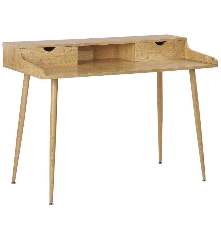 Table Bureau Décor Bois de Chêne Clair avec 2 Tiroirs Pratiques Design Tendance pour Chambre ou Salon au Style Rétro Scandinave et Minimaliste