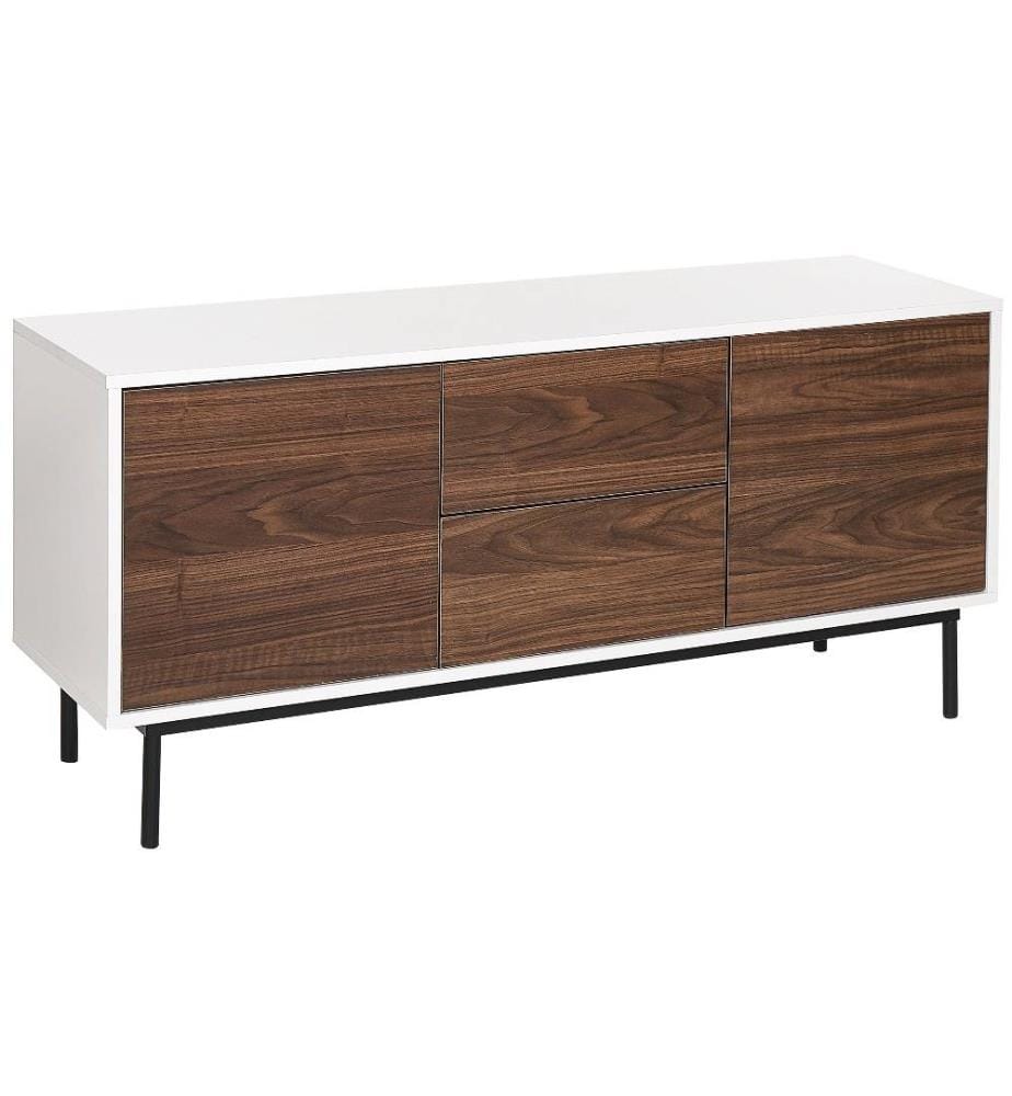 Commode Blanche et Bois Sombre en Particules de Bois et Métal 2 Portes 2 Tiroirs avec Etagère Rangement pour Salon Chambre