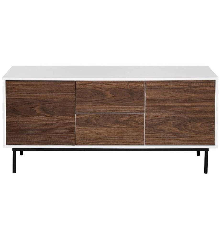 Commode Blanche et Bois Sombre en Particules de Bois et Métal 2 Portes 2 Tiroirs avec Etagère Rangement pour Salon Chambre