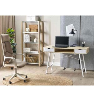 Set de Bureau Blanc et Bois Clair en Panneaux de Particule de Bois Verre et Métal Table et Bibliothèque Correspondantes Minimalistes