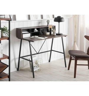 Bureau 100 x 50 cm Effet Bois Foncé avec Etagère Pratique et Pieds en Métal Noir Design Tendance Idéal pour Intérieur Minimaliste et Moderne