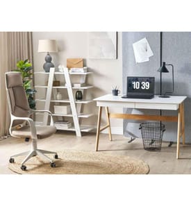 Büromöbel-Set Weiss / Heller Holzfarbton 2-teilig Schreibtisch & Bücherregal Modern Skandi Arbeitszimmer Büro Heimbüro Komplett-Set Home Office