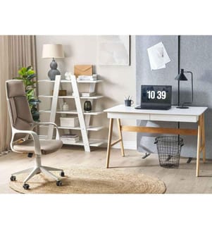 Set de Bureau Blanc et Bois Clair en Panneaux de Particule de Bois Verre et Métal Table et Bibliothèque Correspondantes Minimalistes