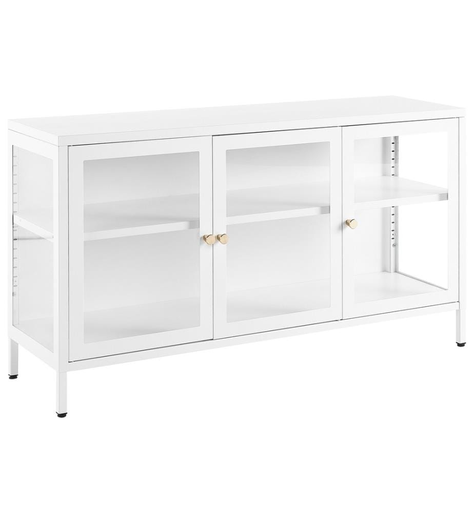 Metallschrank Weiss Stahl mit Glasfront 35 x 115 x 65 cm Sideboard mit Griffen 3 Türen 2 Regalböden Wohnzimmer Büro Arbeitszimmer Flur Bad