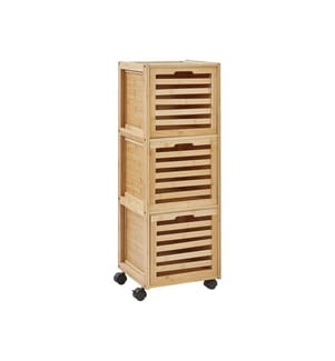 Armoire de Salle de Bain Bois Clair en Bambou avec 3 Tiroirs à Roulettes Rangement