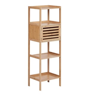 Etagère Décorative Bois Clair en Bambou Rangement Salle de Bain 4 Etagères 1 Porte