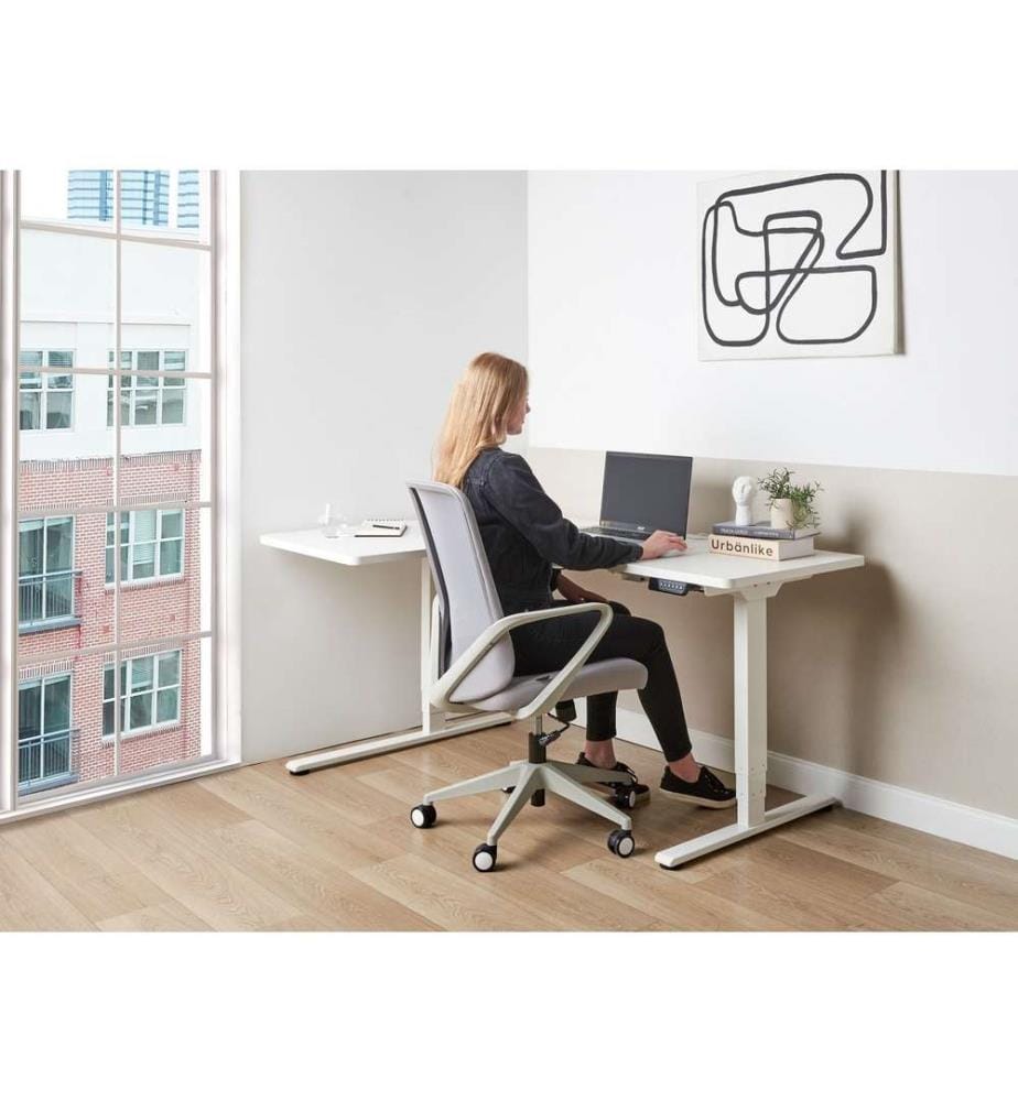 Schreibtisch Rechts Weiss Melamin L-Form 160x59 cm mit Metallgestell Elektrisch Höhenverstellbar Büro Steh-Sitz-Tisch Stehtisch