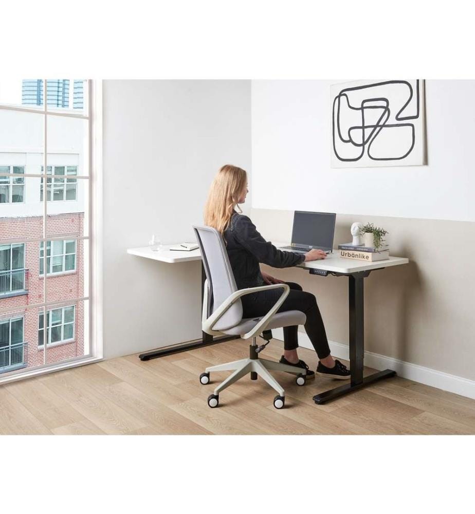 Schreibtisch Links Weiss u. Schwarz Melamin L-Form 160x59 cm mit Metallgestell Elektrisch Höhenverstellbar Büro Steh-Sitz-Tisch Stehtisch
