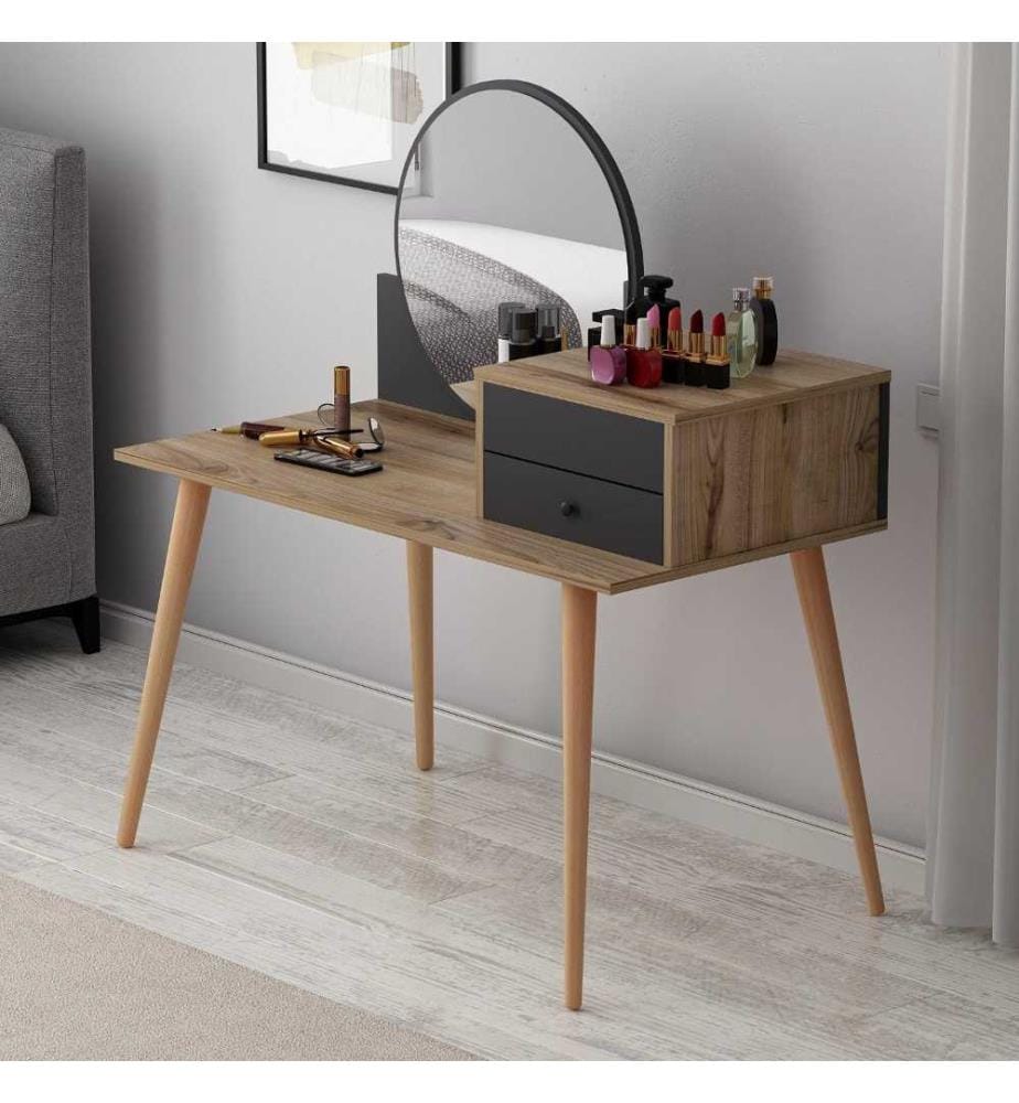 Table de maquillage, Anthracite, Noyer, Panneau de particules mélaminé