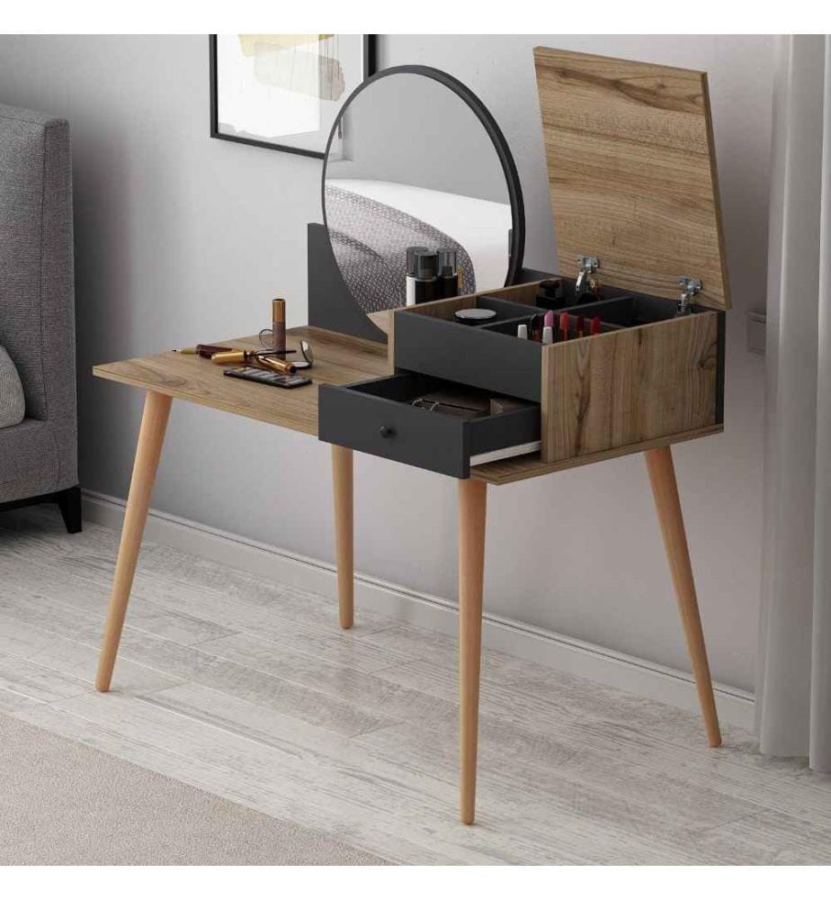Table de maquillage, Anthracite, Noyer, Panneau de particules mélaminé
