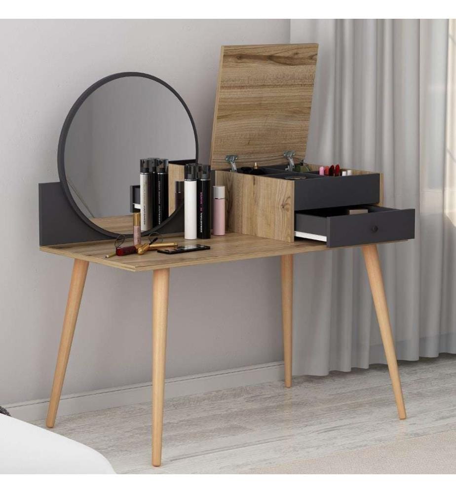 Table de maquillage, Anthracite, Noyer, Panneau de particules mélaminé