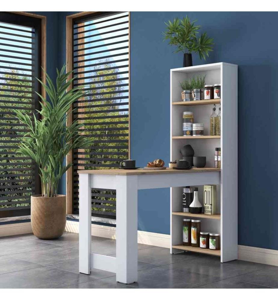 Table de cuisine, noyer, blanc, panneau de particules mélaminé