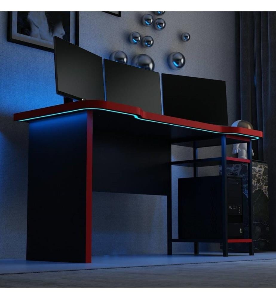 Gaming Desk, noir, rouge, panneau de particules mélaminé