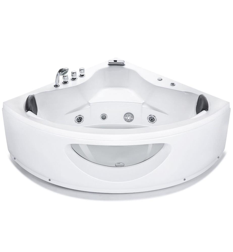 Baignoire Balnéo d'Angle 146 cm en Acrylique Blanc avec Hydromassage et LED Robinet Cascade et 2 Appui-têtes Capacité 373 Litres