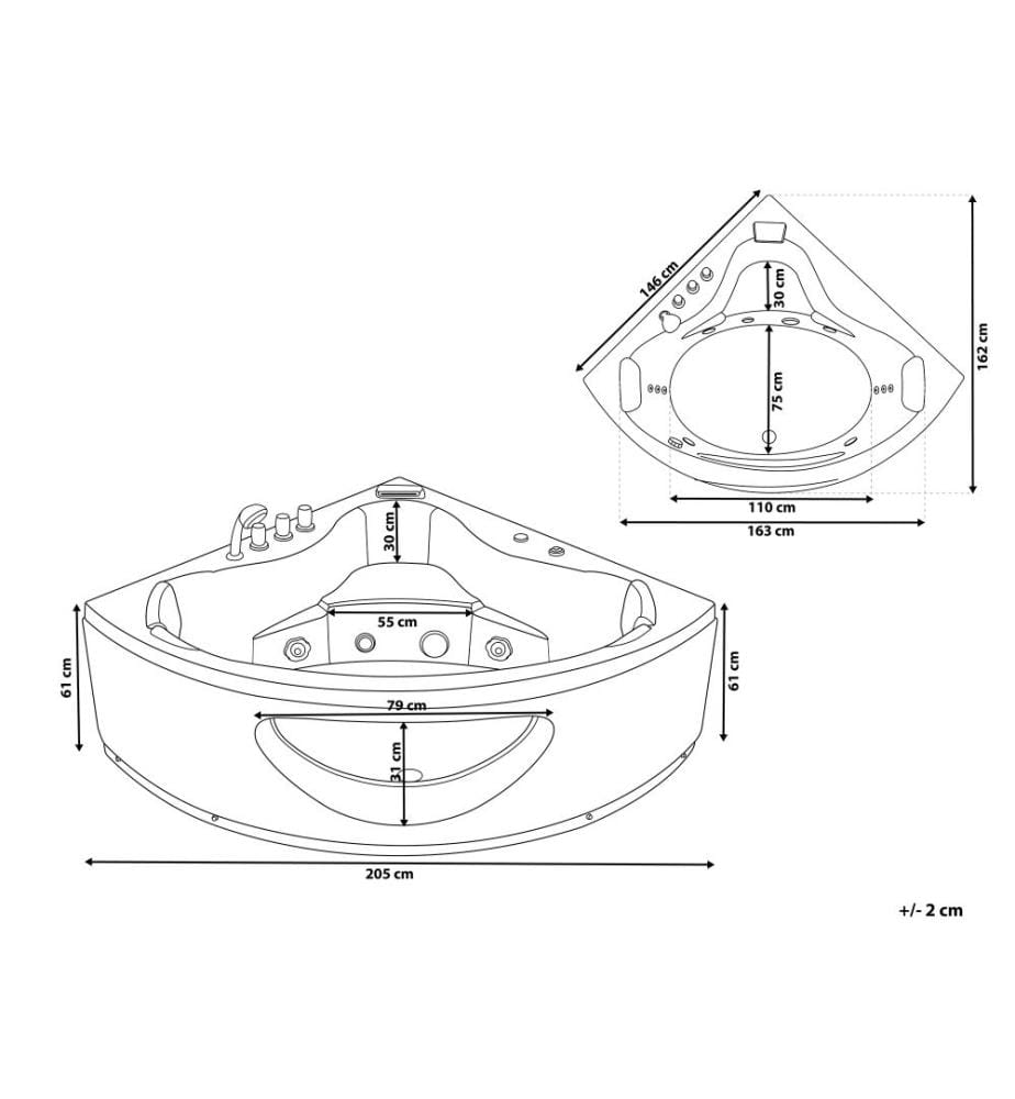 Baignoire Balnéo d'Angle 146 cm en Acrylique Blanc avec Hydromassage et LED Robinet Cascade et 2 Appui-têtes Capacité 373 Litres