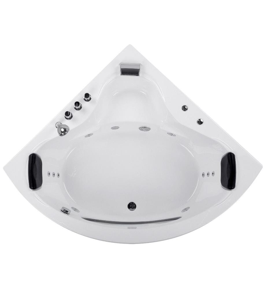Baignoire Balnéo d'Angle 146 cm en Acrylique Blanc avec Hydromassage et LED Robinet Cascade et 2 Appui-têtes Capacité 373 Litres