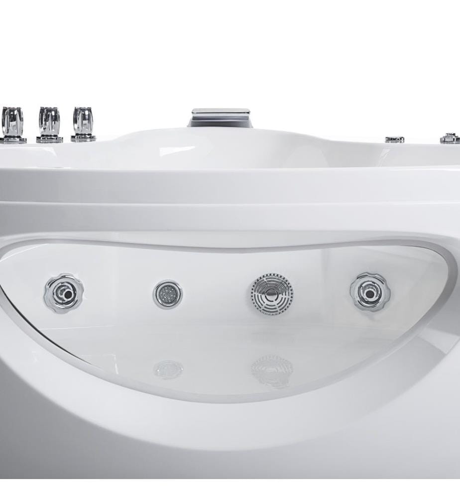 Baignoire Balnéo d'Angle 146 cm en Acrylique Blanc avec Hydromassage et LED Robinet Cascade et 2 Appui-têtes Capacité 373 Litres