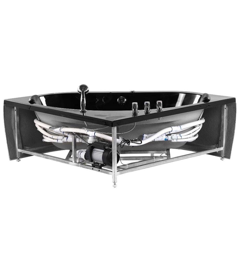 Baignoire Balnéo d'Angle Moderne en Acrylique Noir avec Fonction Massante Chromothérapie et Robinet Cascade pour 2 personnes 300 Litres