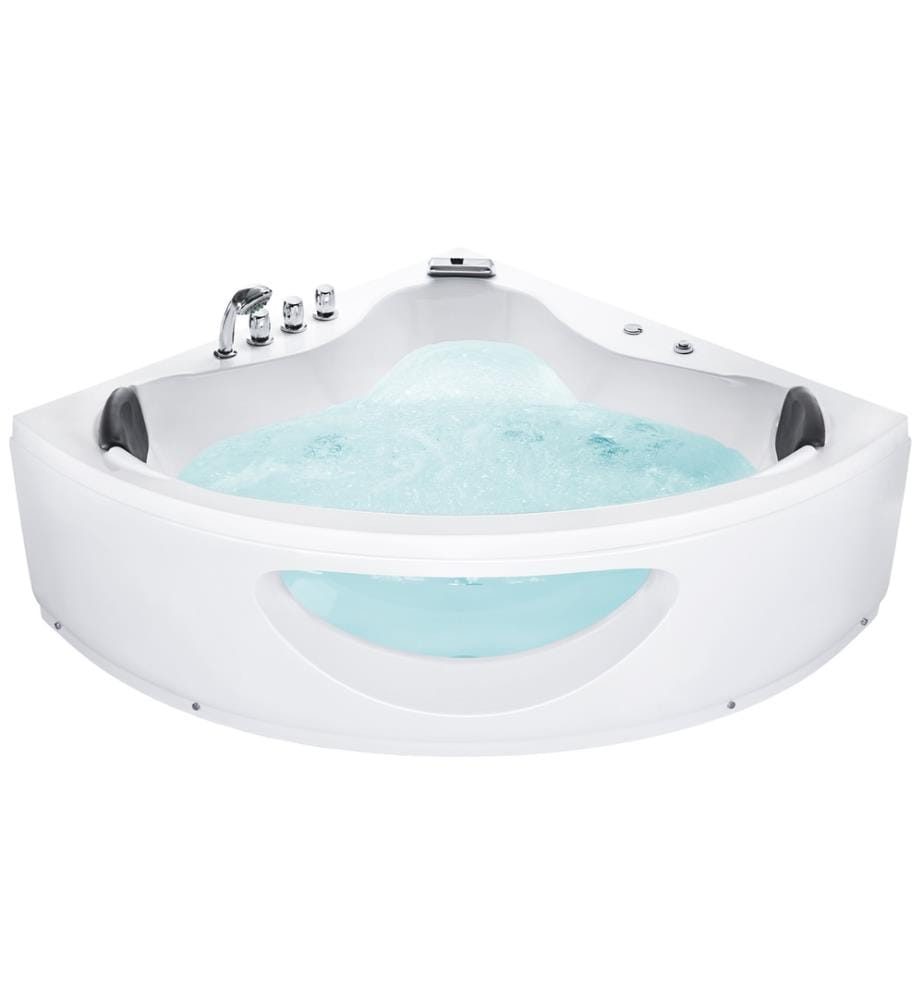 Baignoire Balnéo d'Angle 140 cm en Acrylique Blanc avec Hydromassage et LED Robinet Cascade et 2 Appui-têtes Capacité 350 Litres