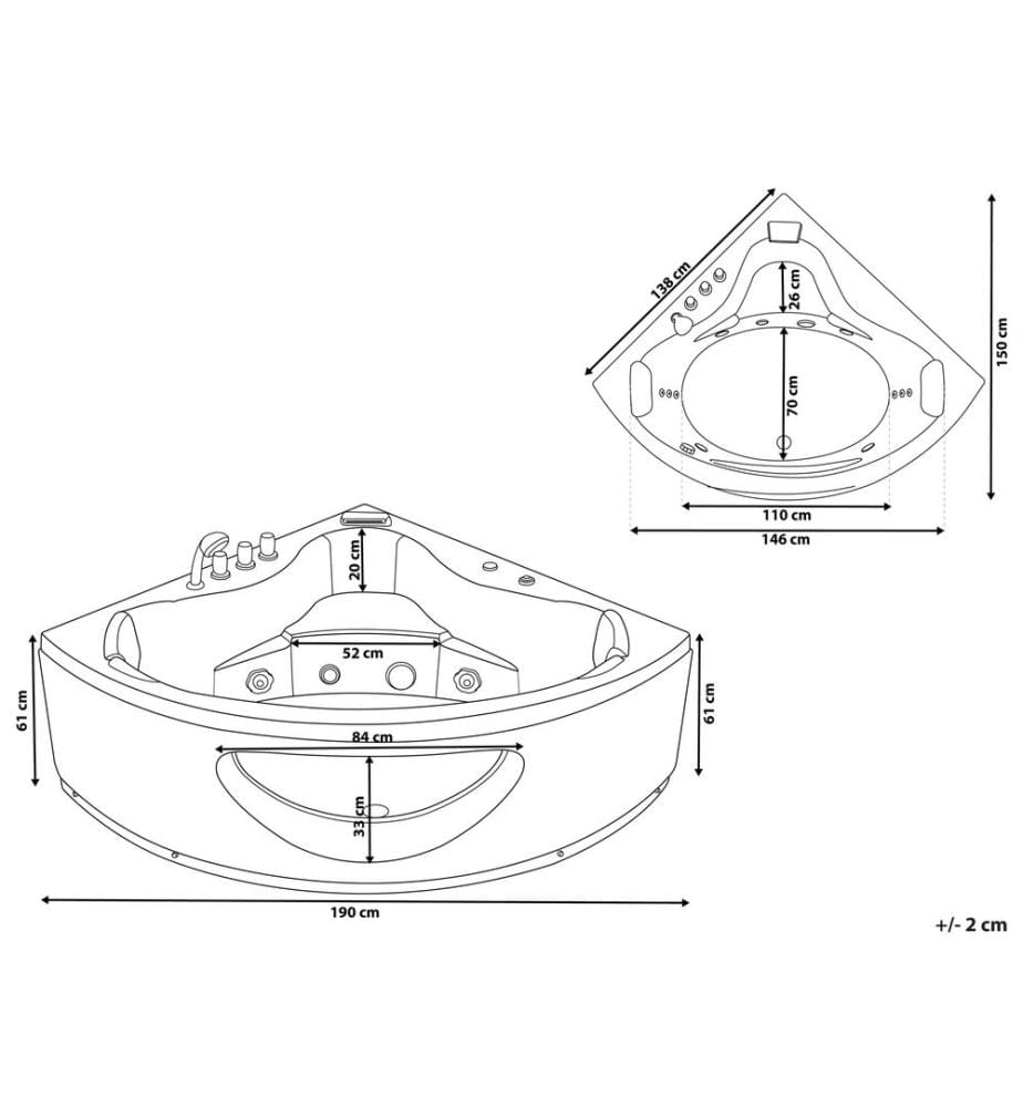Baignoire Balnéo d'Angle 140 cm en Acrylique Blanc avec Hydromassage et LED Robinet Cascade et 2 Appui-têtes Capacité 350 Litres