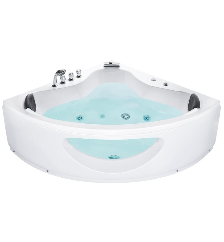 Baignoire Balnéo d'Angle 140 cm en Acrylique Blanc avec Hydromassage et LED Robinet Cascade et 2 Appui-têtes Capacité 350 Litres