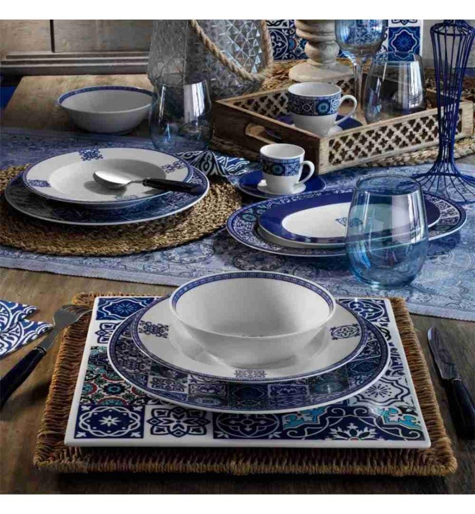 Service de table, 24 pièces, bleu marine, turquoise, noir, rouge, porcelaine
