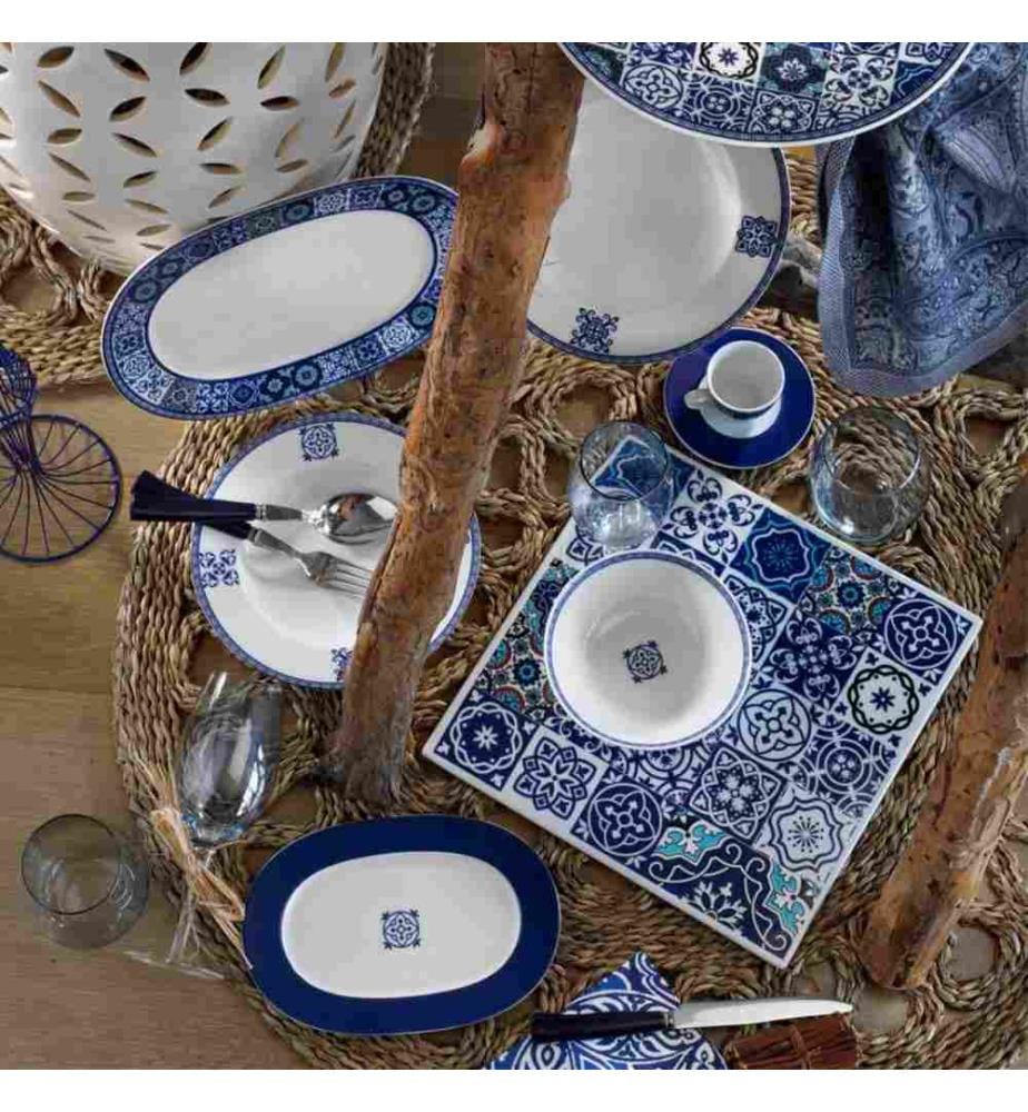 Service de table, 24 pièces, bleu marine, turquoise, noir, rouge, porcelaine