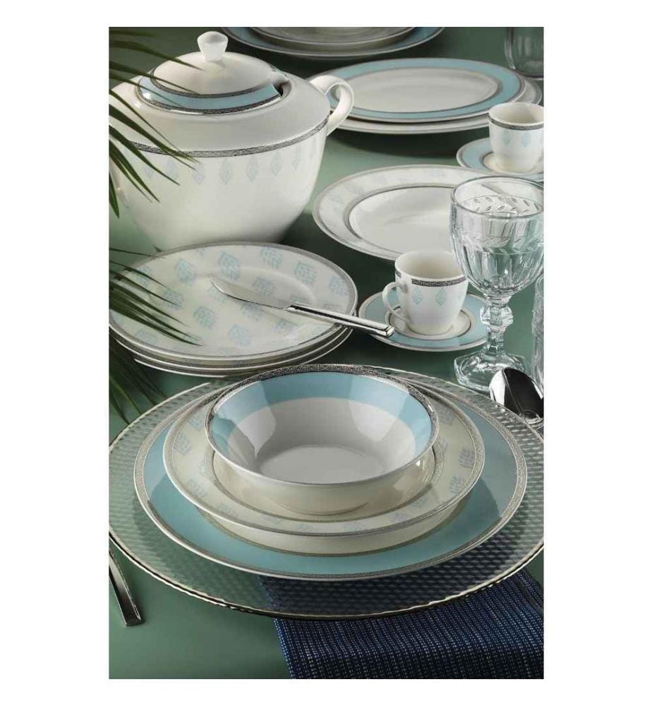 Tafelservice, 68-teilig, Türkis Grau Weiss, Bone China