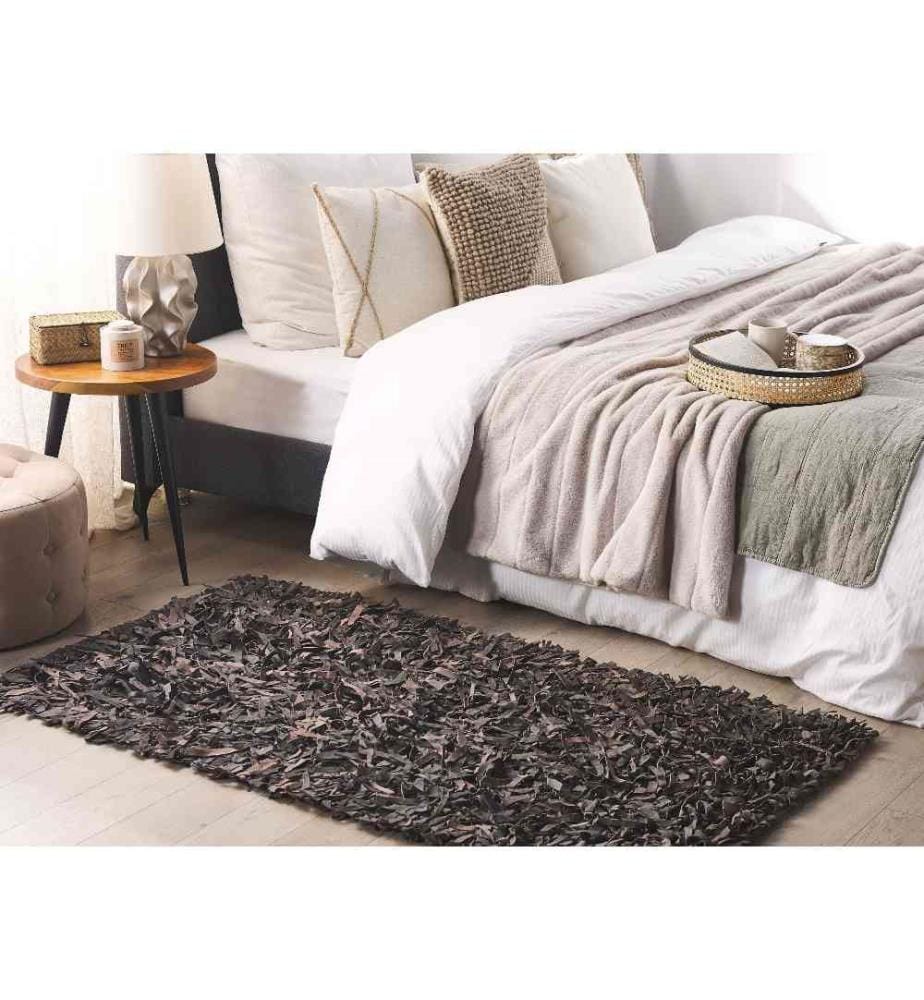 Shaggy Teppich Braun Echtleder 80 x 150 cm Hochflor Modern Handgefertigt Rechteckig