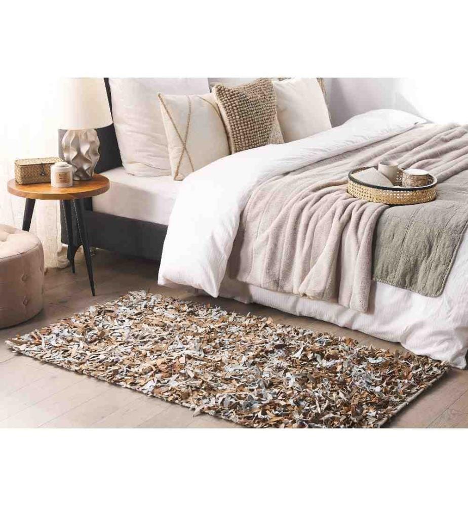 Teppich Hellbraun und Grau Echtleder 80 x 150 cm Zottelteppich Shaggy Hochflor Modern Handgefertigt Rechteckig Wohnzimmer Schlafzimmer Flur