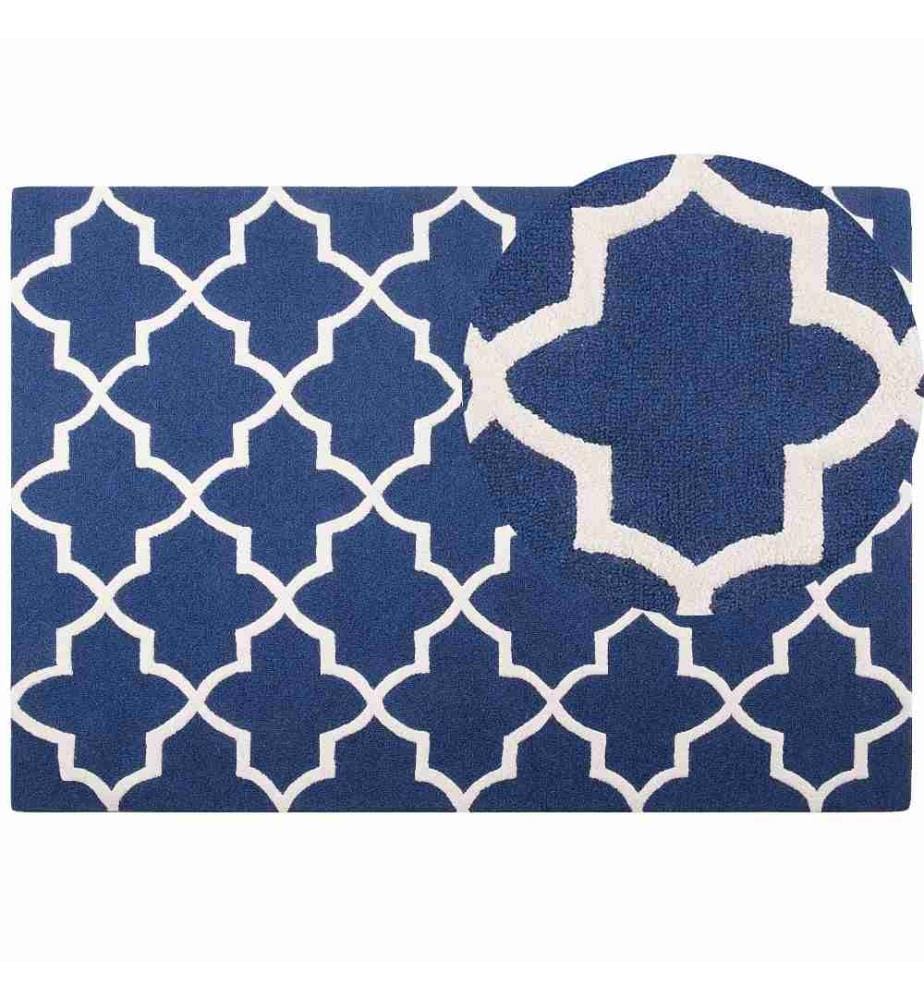 Tapis Rectangulaire Bleu et Blanc en Laine et Coton pour Chambre ou Salon Moderne 160 x 230 cm