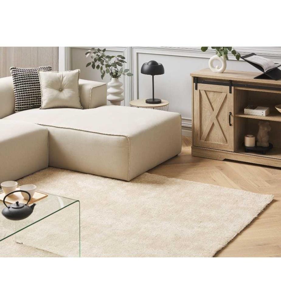 Teppich Hellbeige Polyester 140 x 200 cm Rechteckig Hochflor Modern Maschinengetuftet Fussbodenheizung Geeignet Wohnzimmer Schlafzimmer Flur