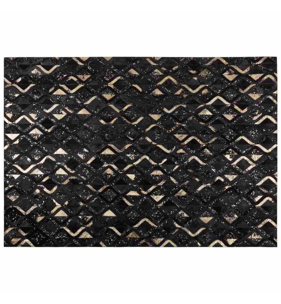 Teppich Schwarz Gold Echtleder 160 x 230 cm Kurzflor Handgefertigt Elegant Rechteckig