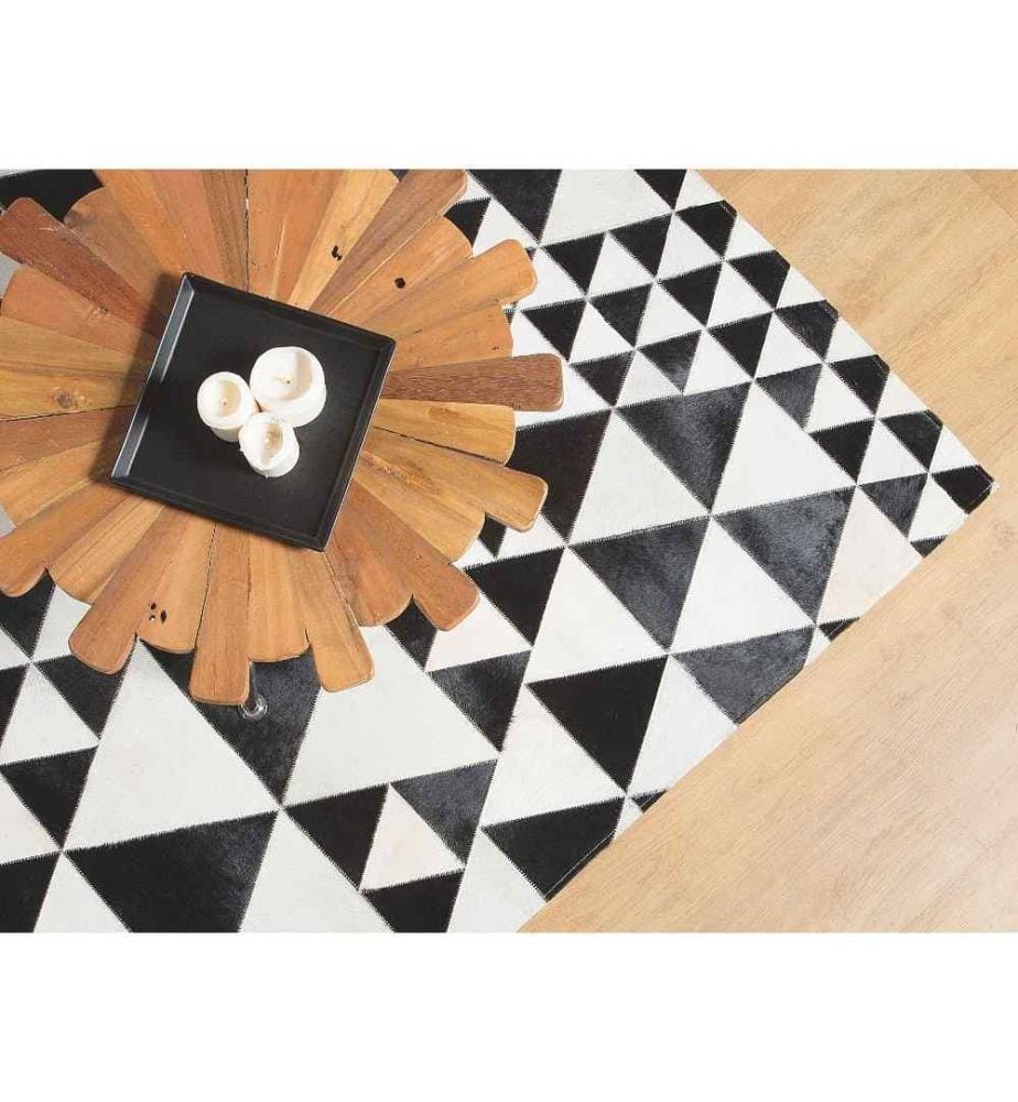 Teppich Schwarz Weiss Echtleder 160 x 230 cm Kurzflor Dreiecke Handgefertigt Rechteckig