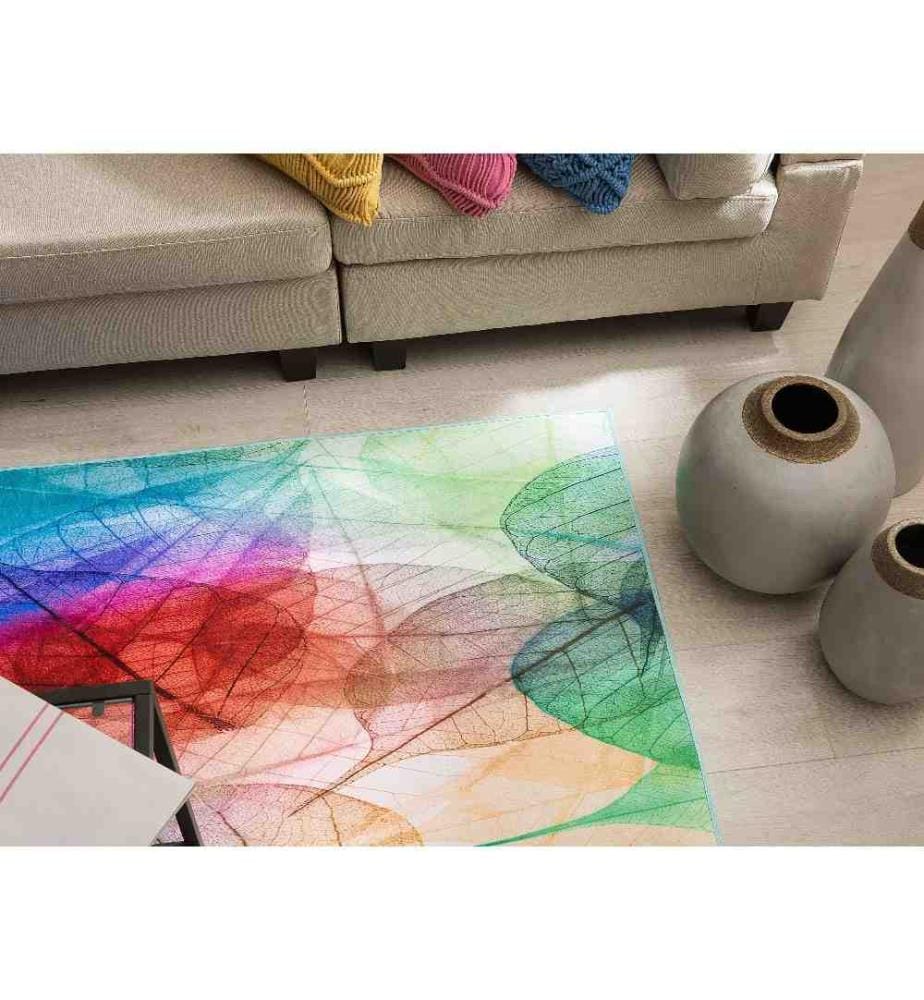 Tapis de Salon Muliticolore en Polyester 140 x 200 cm Rectangulaire Motif Feuille pour Chambre ou Salon Moderne