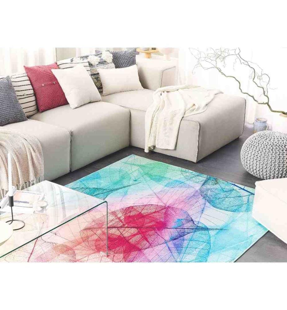 Tapis de Salon Muliticolore en Polyester 160 x 230 cm Rectangulaire Motif Feuille pour Chambre ou Salon Moderne