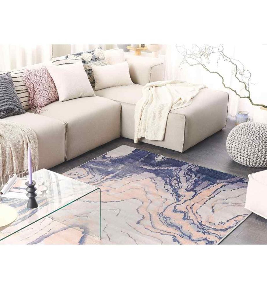 Tapis Rectangulaire Beige et Bleu en Polyester avec Motif Tâches pour Salon Moderne 160 x 230 cm